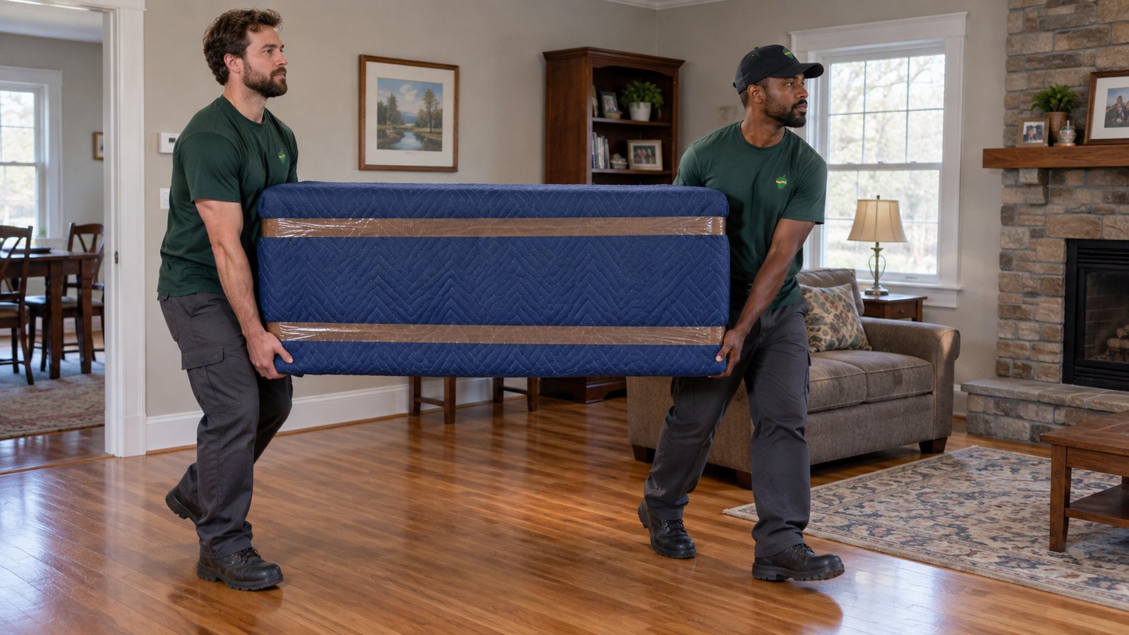Carrying protected furniture Two male Sterling Oakbridge movers carrying a furniture piece wrapped in a blue blanket secured with brown tape