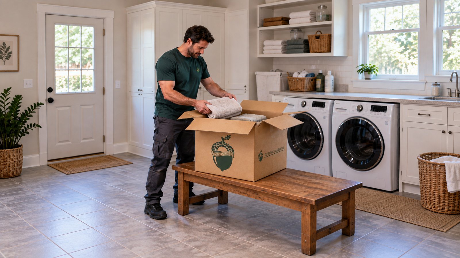 Packing household linens Male Sterling Oakbridge packer placing a folded towel in an open branded carton on a wooden bench