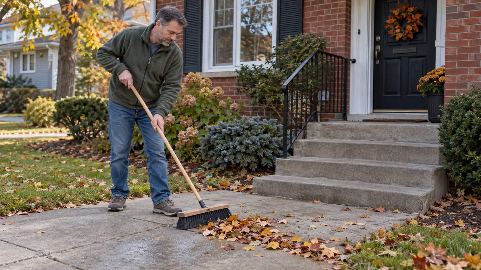 Resident using a push broom to sweep autumn leaves from a paved walk beside front steps