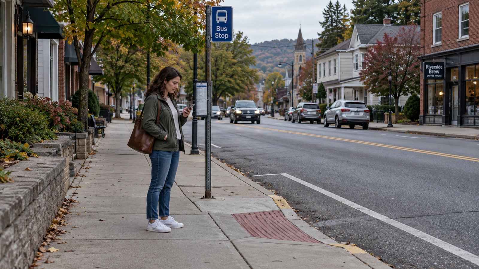 Woman checking her phone beside a bus-stop sign and curb ramp on a neighborhood sidewalk