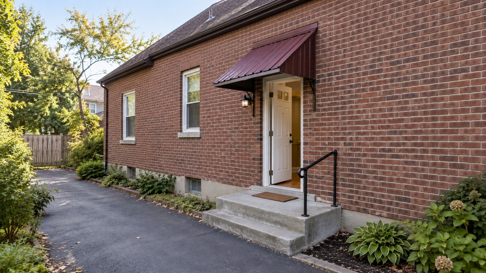 Follow the complete receiving route An unobstructed brick-house entry with a full door, landing and shallow outside steps.
