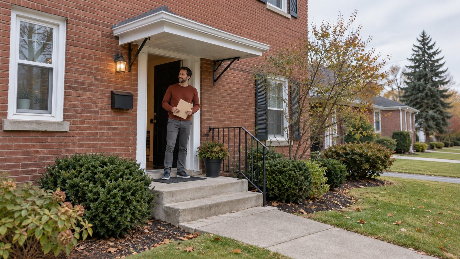 A resident checking a folder beside an open brick-house entrance.