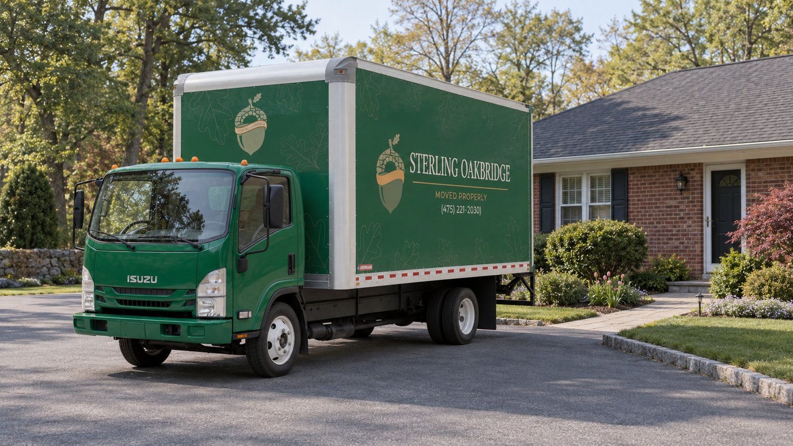 Plan the working position and departure A complete green company Isuzu box truck standing on a private paved residential court.