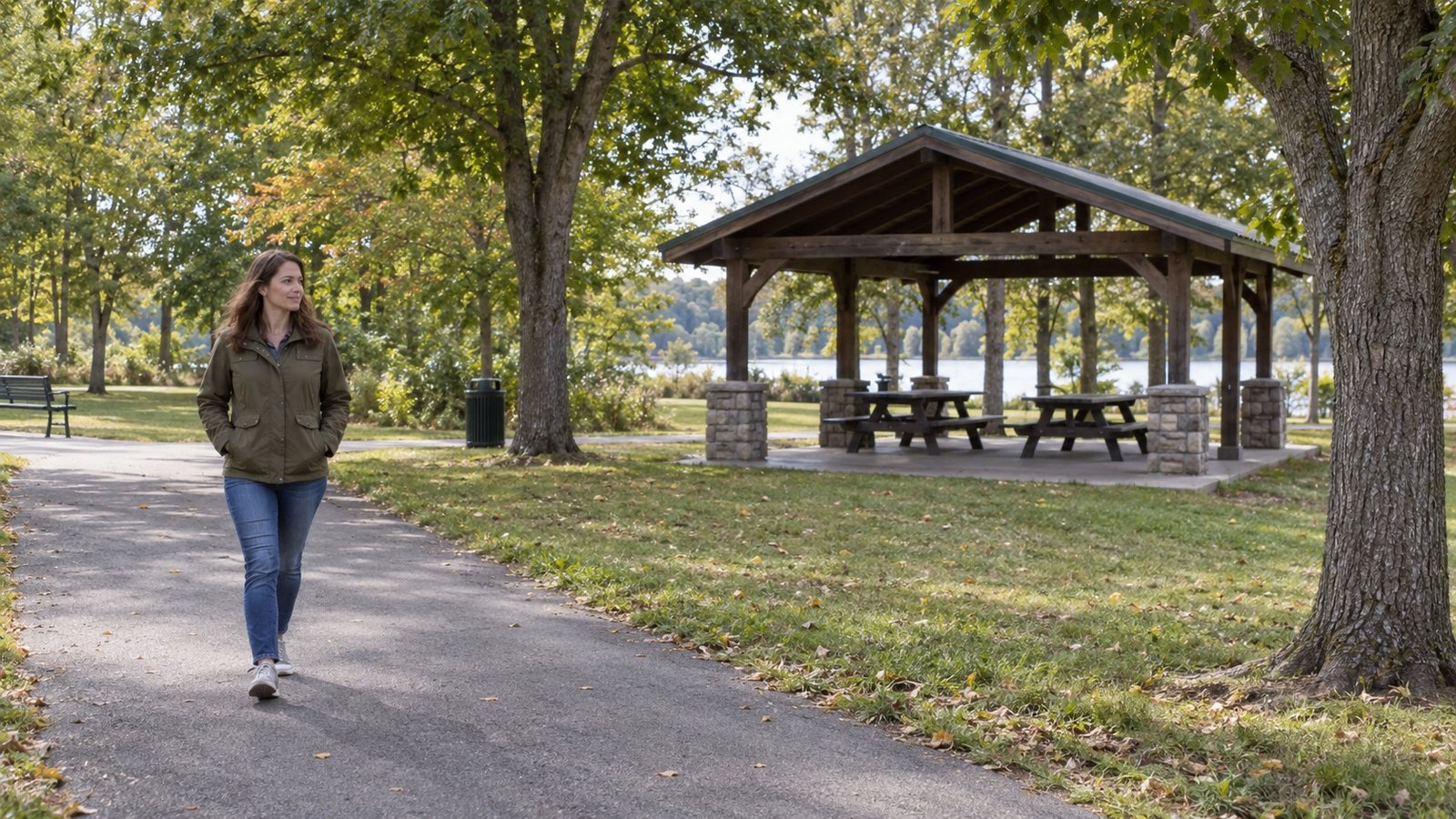 A resident walking on a clear ordinary park path near a complete picnic shelter.