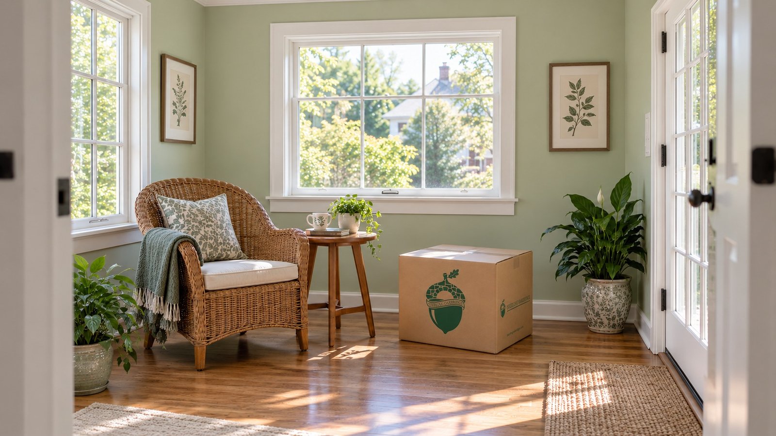 A modest sunroom with a kraft Medium carton and a clear passage beside a reading chair.