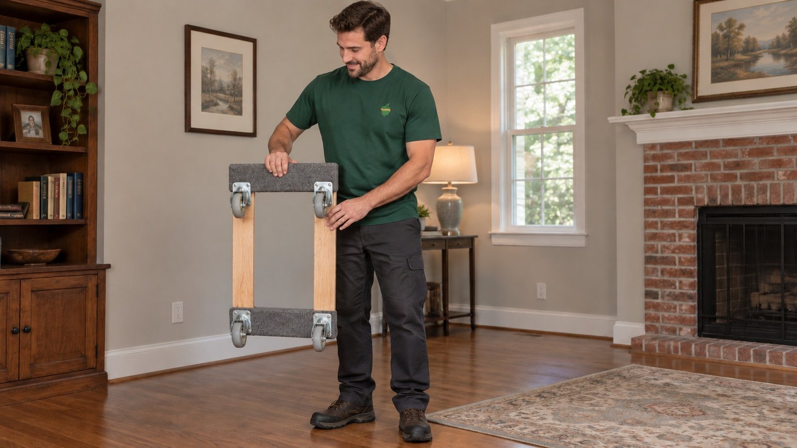 Check the equipment before handling an item A male company mover holding an unloaded compact wooden furniture dolly with its open frame and four casters visible.