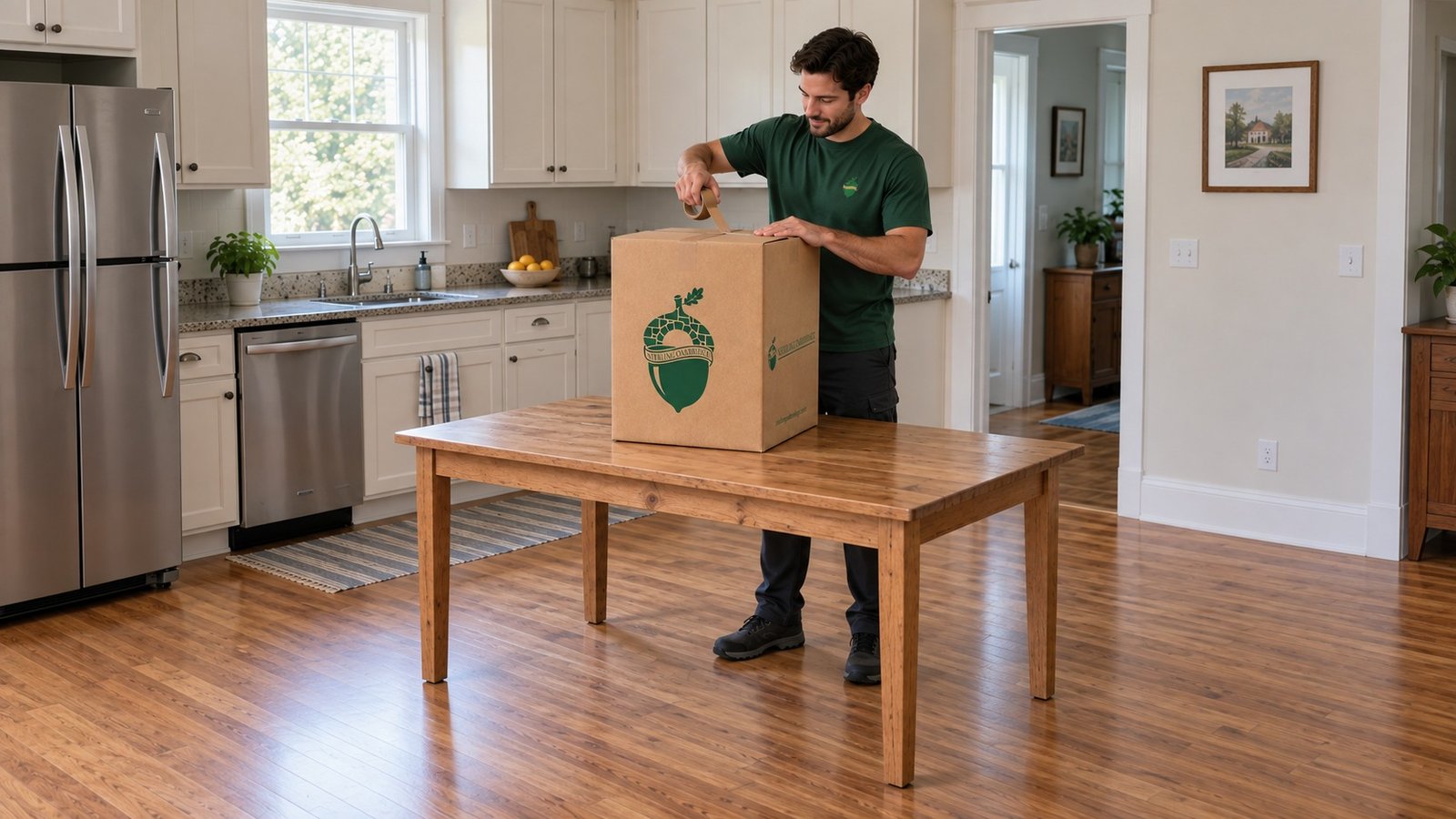 Close one prepared packing carton A male company mover taping the closed center seam of a kraft Dish carton on a full table.