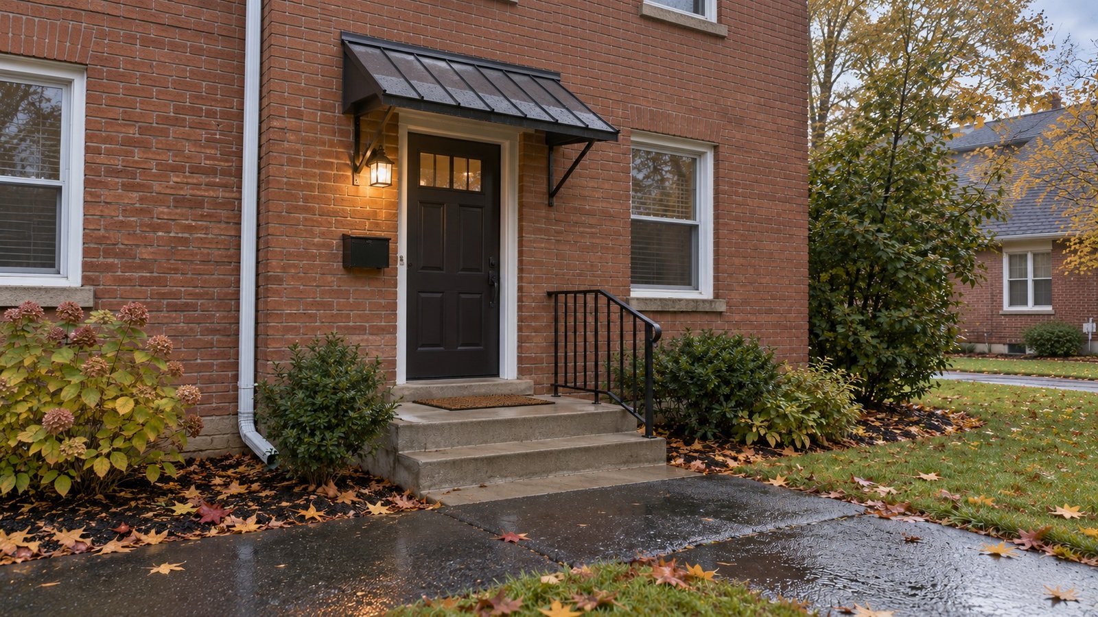 A complete brick-house entry and firm paved approach after light rain.