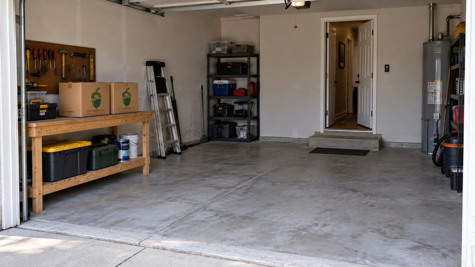 Checking the garage entrance An open garage with a clear concrete floor and one broad step leading to the house door