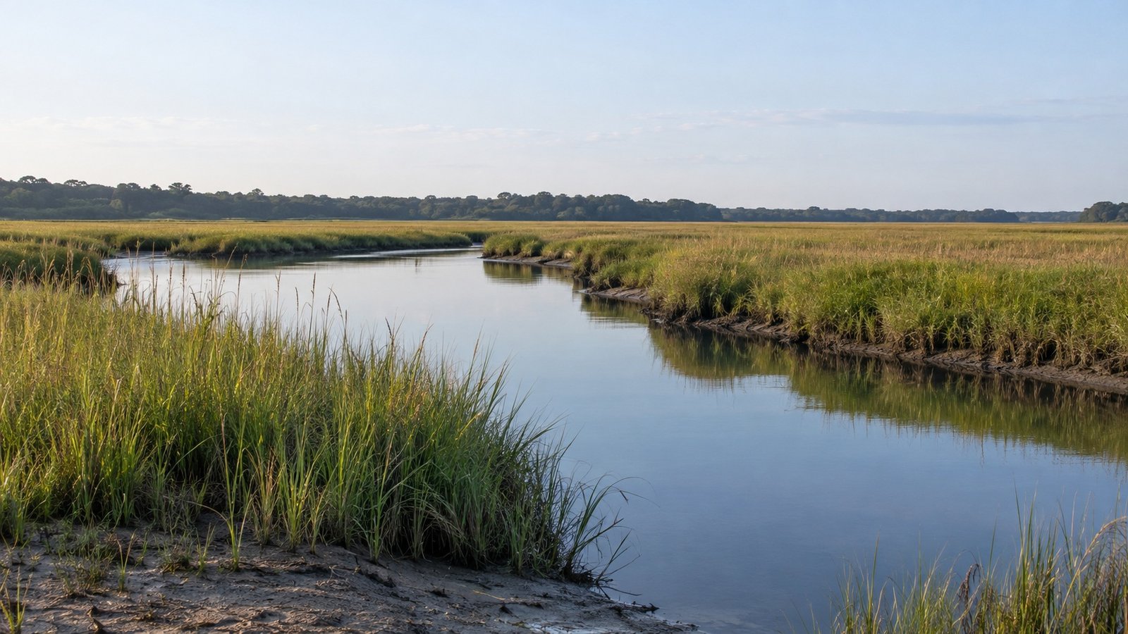 A calm tidal creek winding between low marsh grasses and a distant tree line