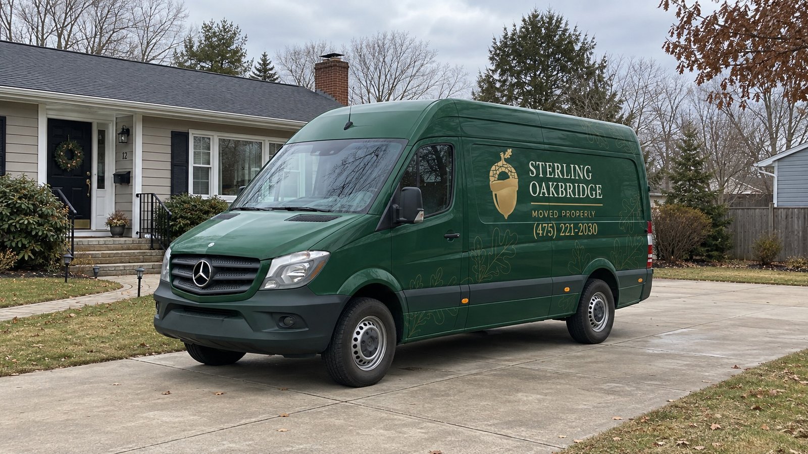 Choosing the vehicle position A dark green Sterling Oakbridge Sprinter van parked on a concrete driveway beside a single-story house