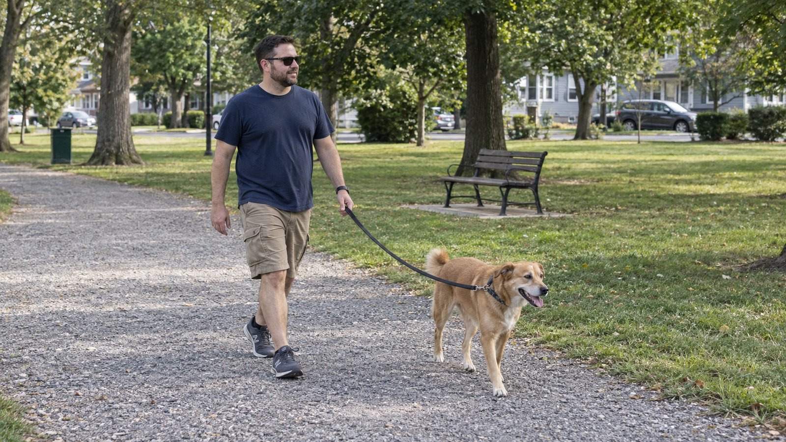 A man walking a leashed dog along a wide gravel park path with trees and a bench