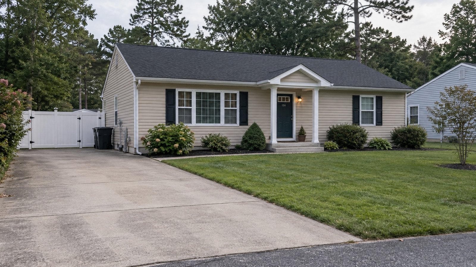 Planning a Forked River home move A tan single-story house with a covered front entrance, lawn and broad concrete driveway