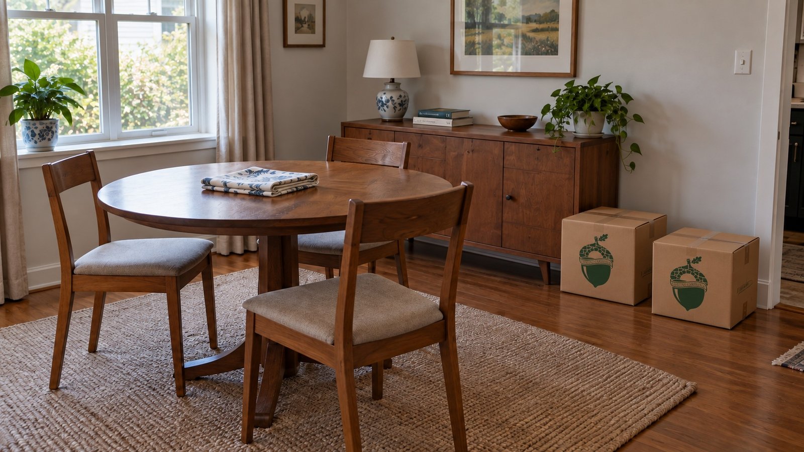A round dining table and three chairs with two kraft Sterling Oakbridge cartons beside a wooden sideboard
