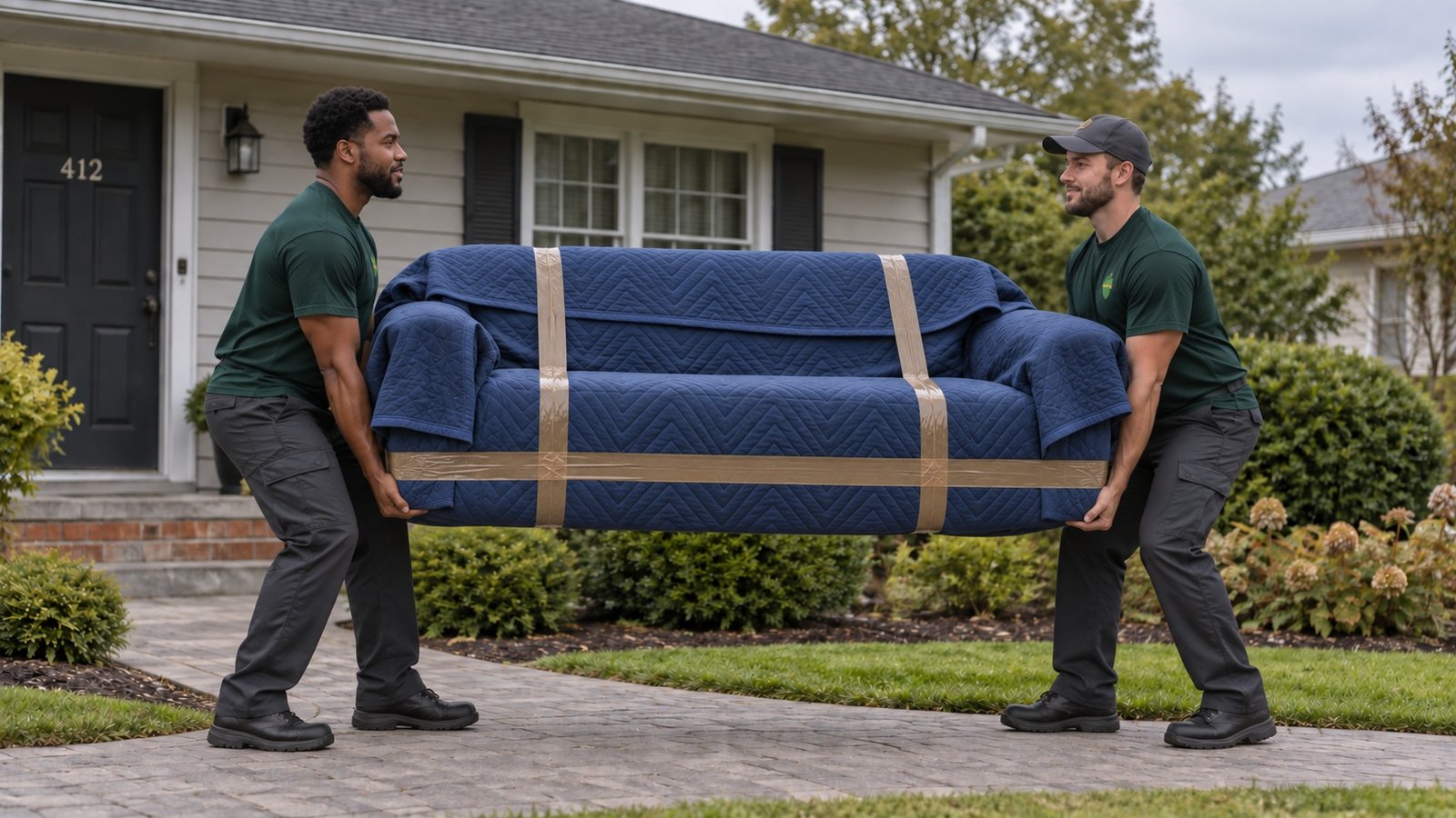 Protecting furniture during a short transfer Two male movers supporting a sofa covered with quilted moving blankets and brown packing tape