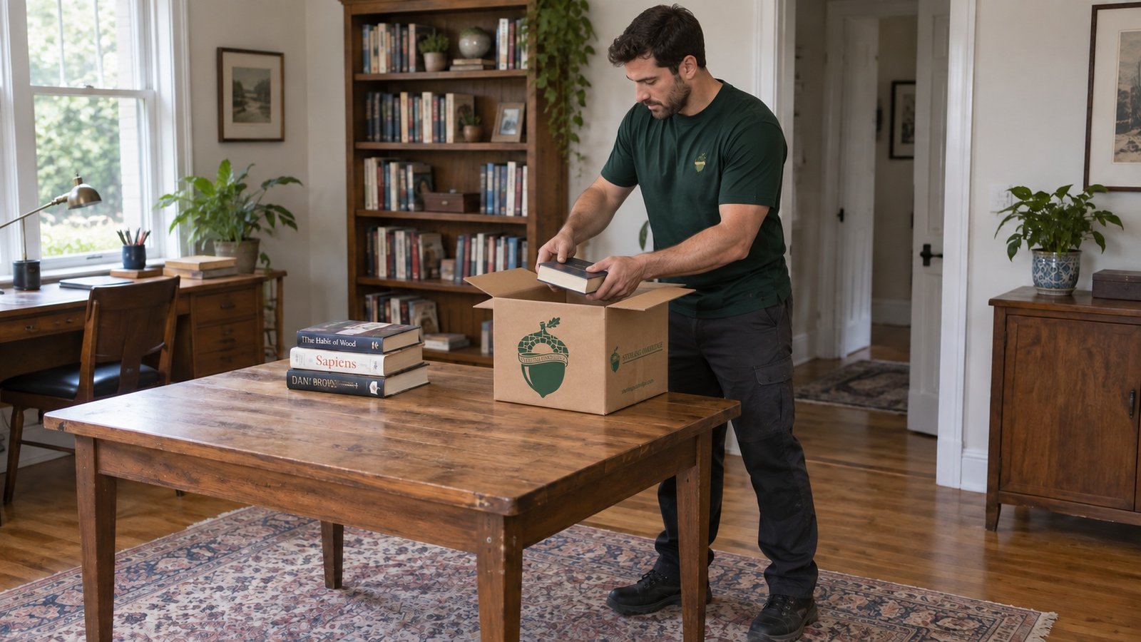 Packing books in small cartons A male mover in a green Sterling Oakbridge shirt lowering a book into a small kraft carton on a wooden table