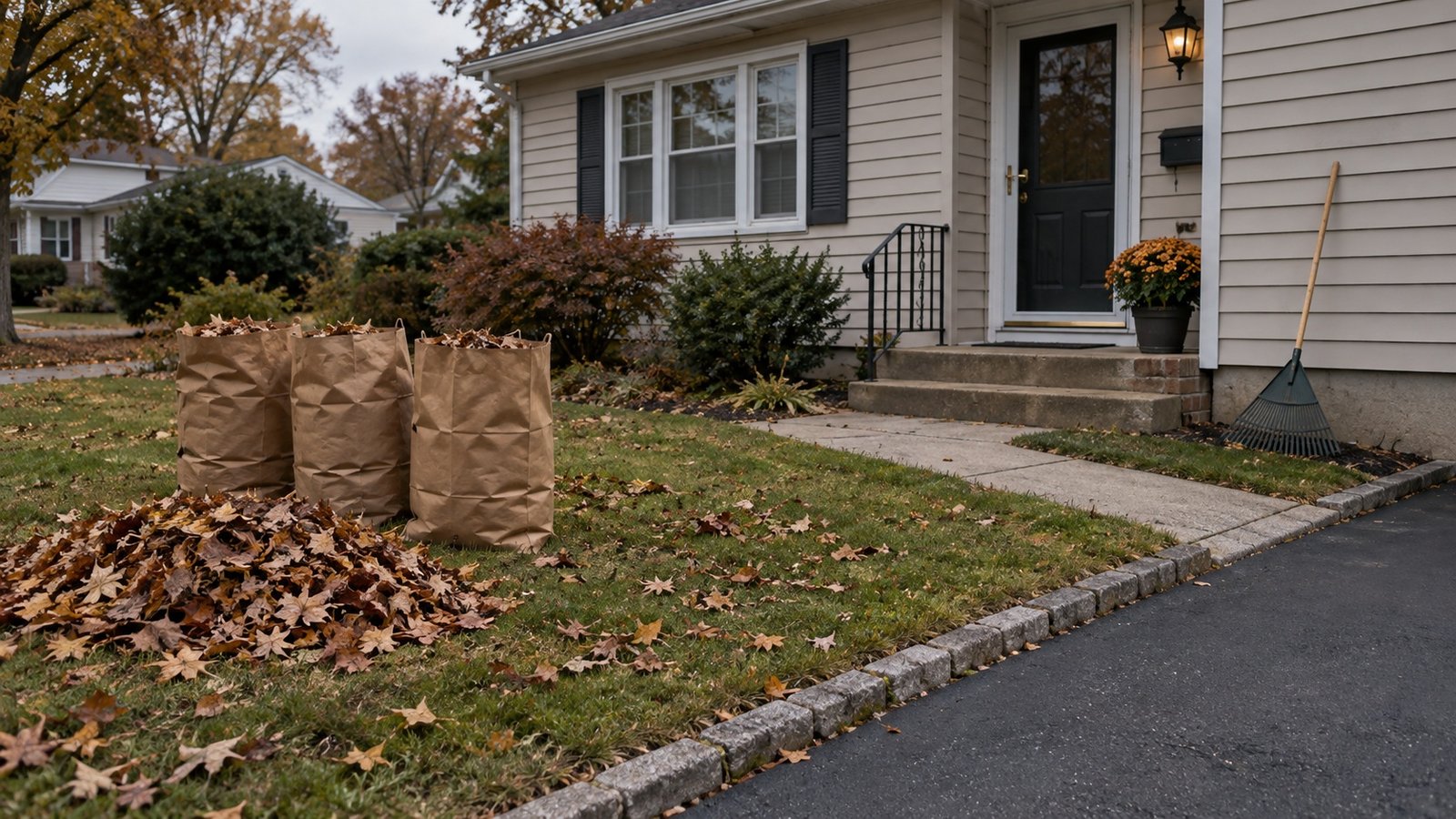 Three brown paper bags of leaves beside a leaf pile and a clear walkway to a house