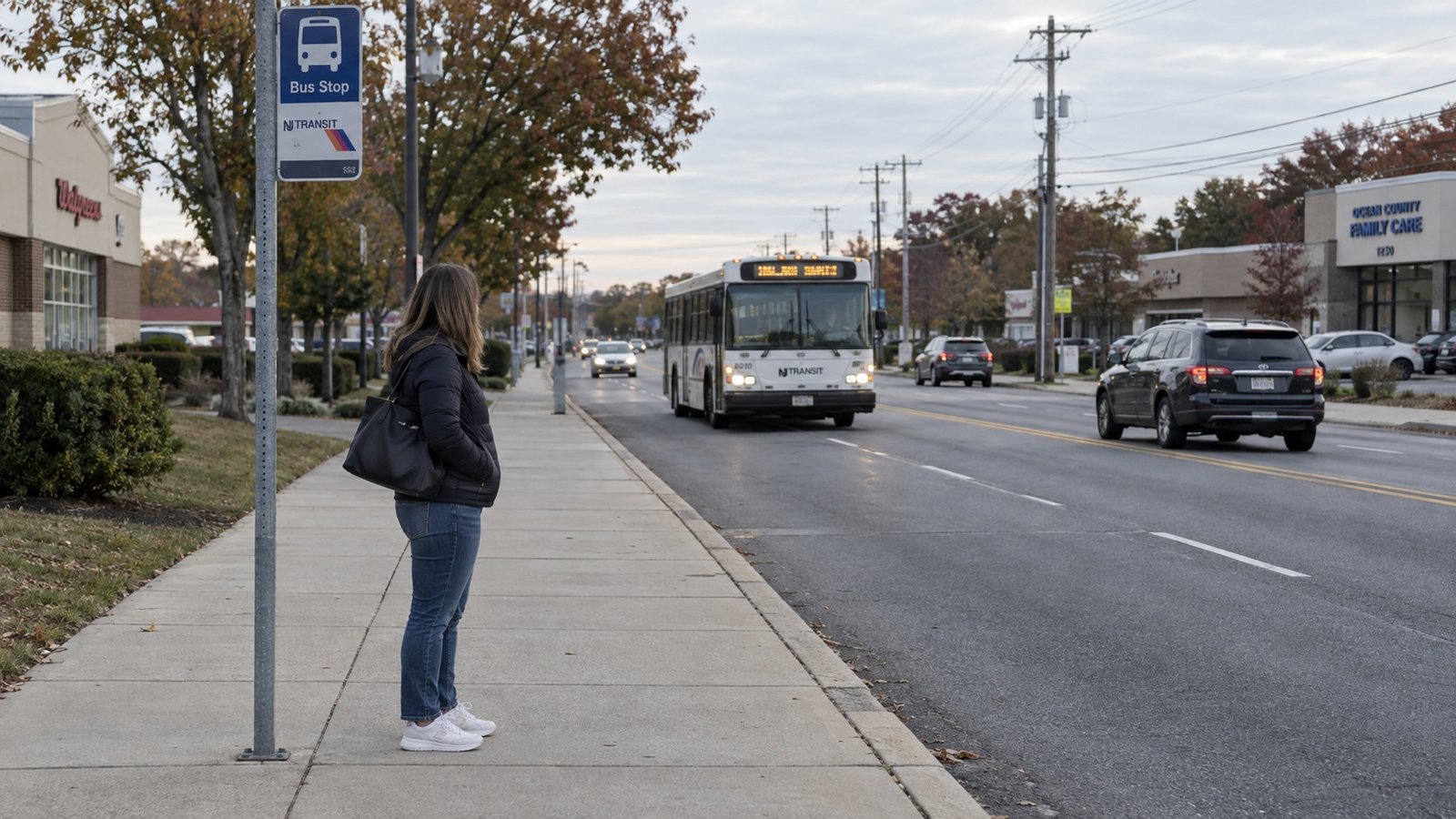 A woman waiting on a sidewalk beside a bus-stop sign as a transit bus approaches along the road