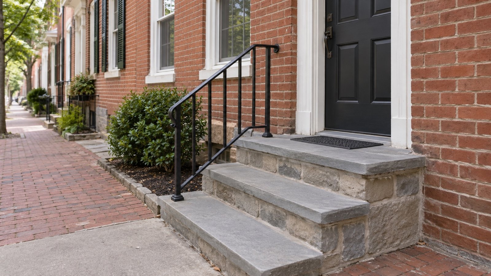 Three connected stone entrance steps and an iron handrail beside a brick facade