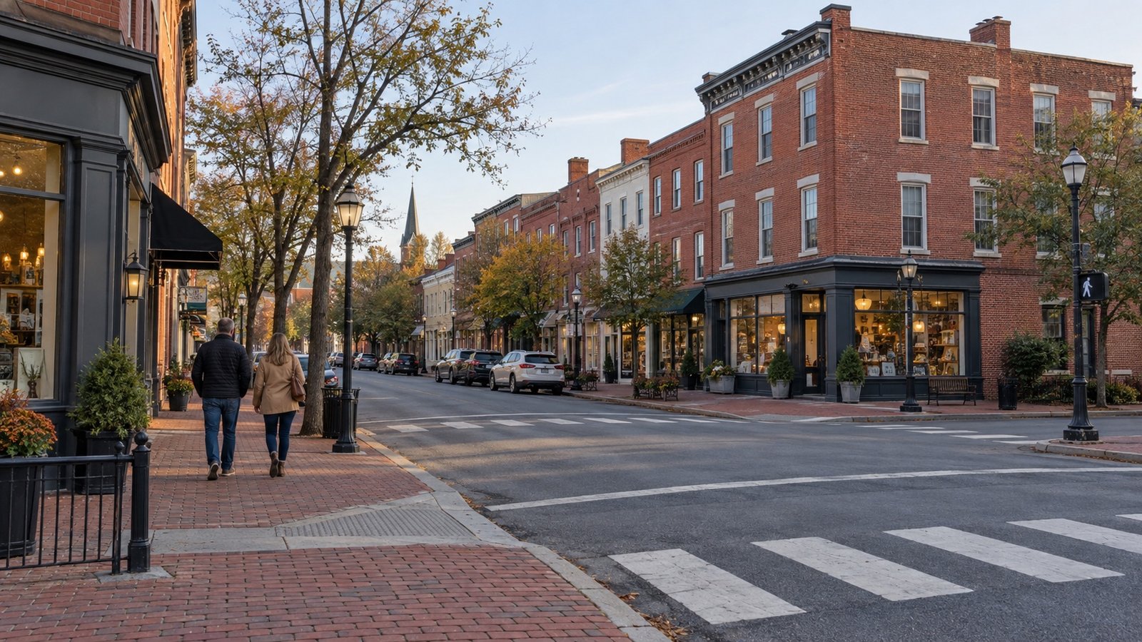 Brick downtown buildings and two pedestrians beside a street crossing