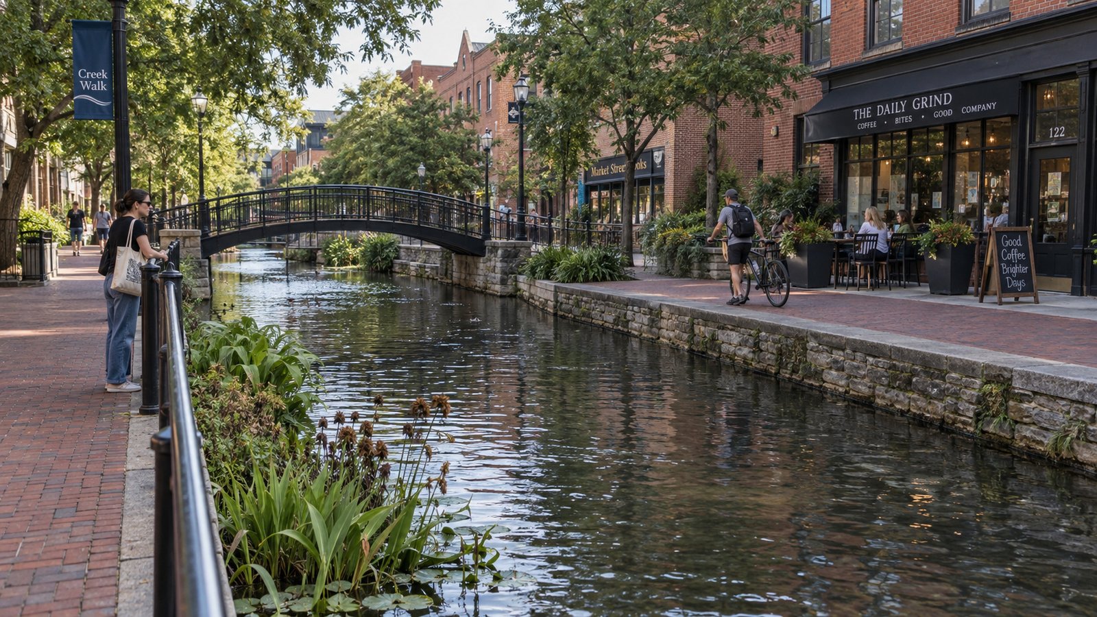 Creekside walking routes and downtown businesses Brick pedestrian paths and shops beside an urban water channel, with a curved footbridge and separate people along its edges