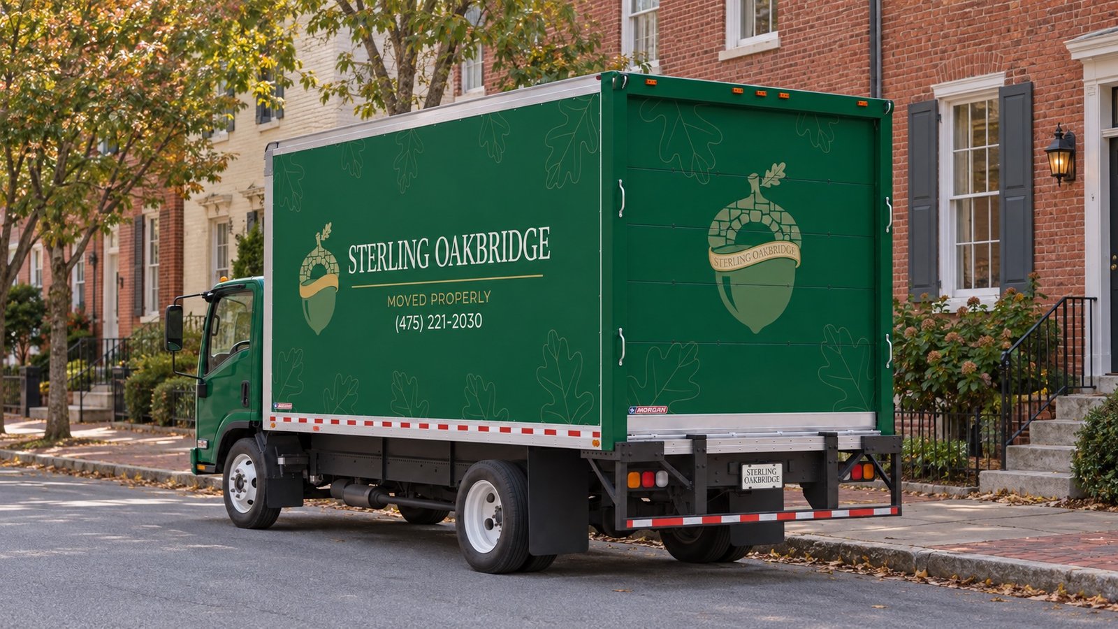 Dark green Sterling Oakbridge truck parked beside brick homes with its rear door closed