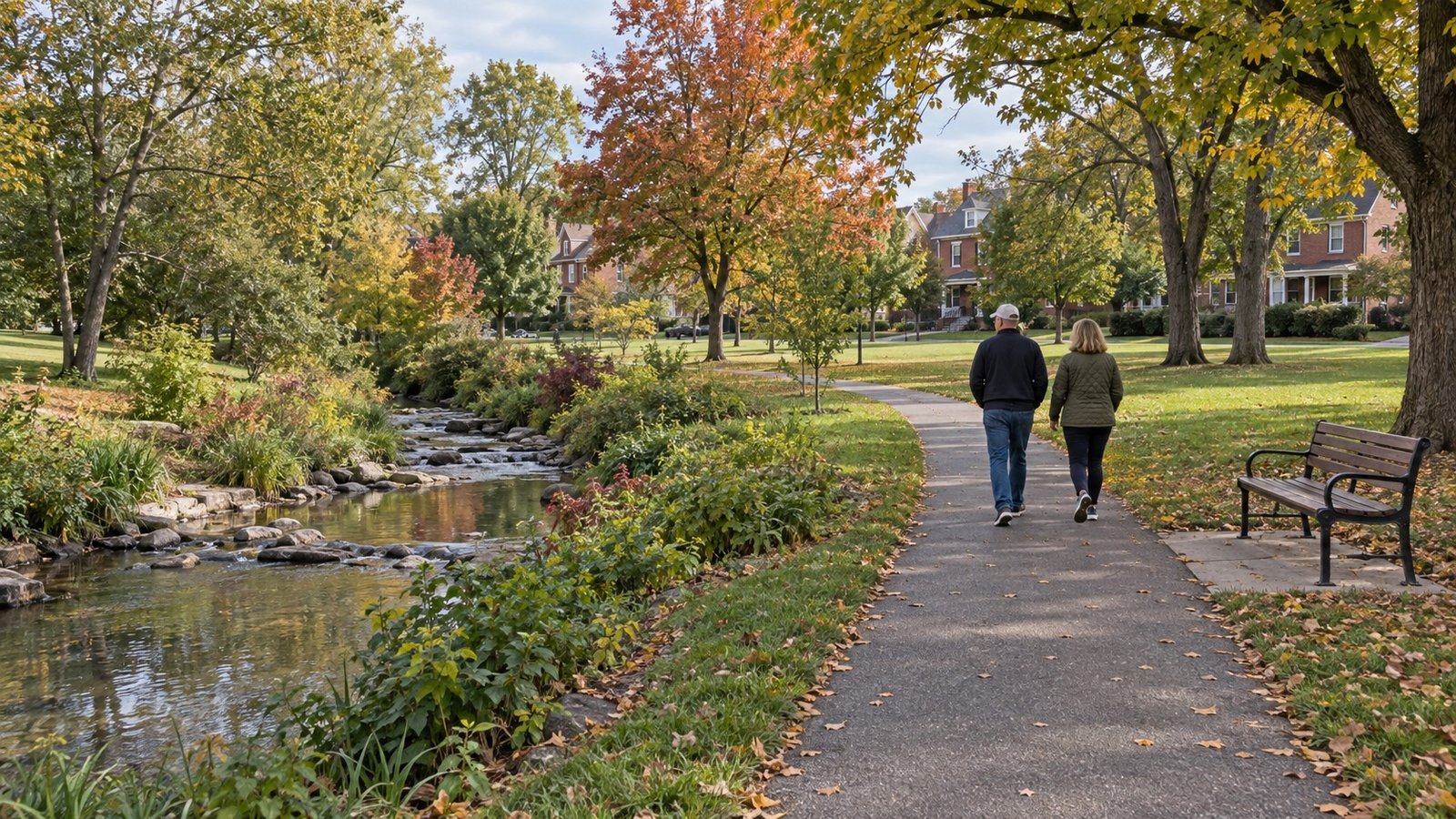 Two walkers following a park path beside a small creek and autumn trees