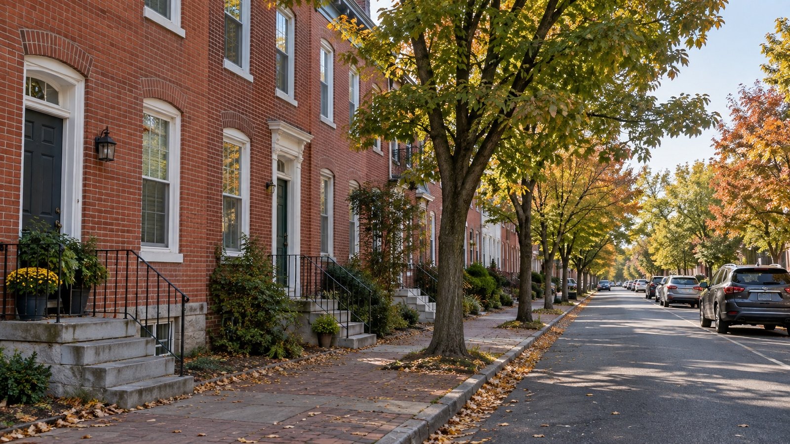 Attached brick homes, individual front stoops and trees along a residential street