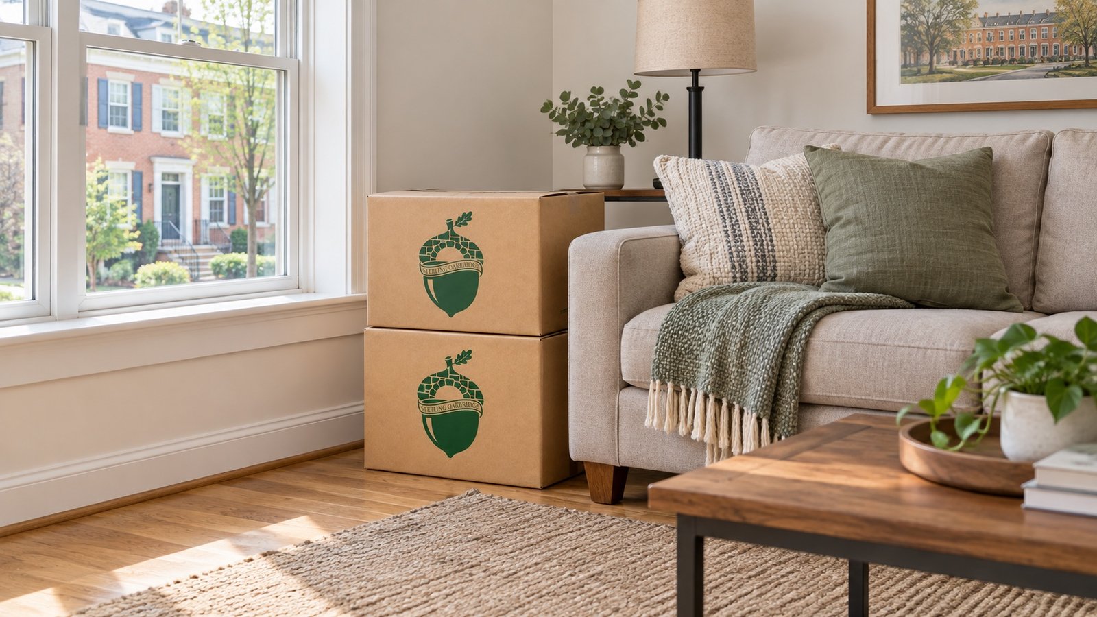 Two branded kraft cartons beside a sofa and a broad living-room window