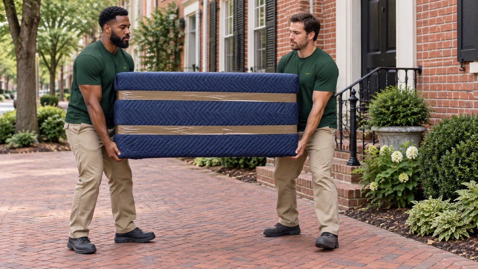 Two movers carrying a chest fully covered with navy moving blankets and packing tape