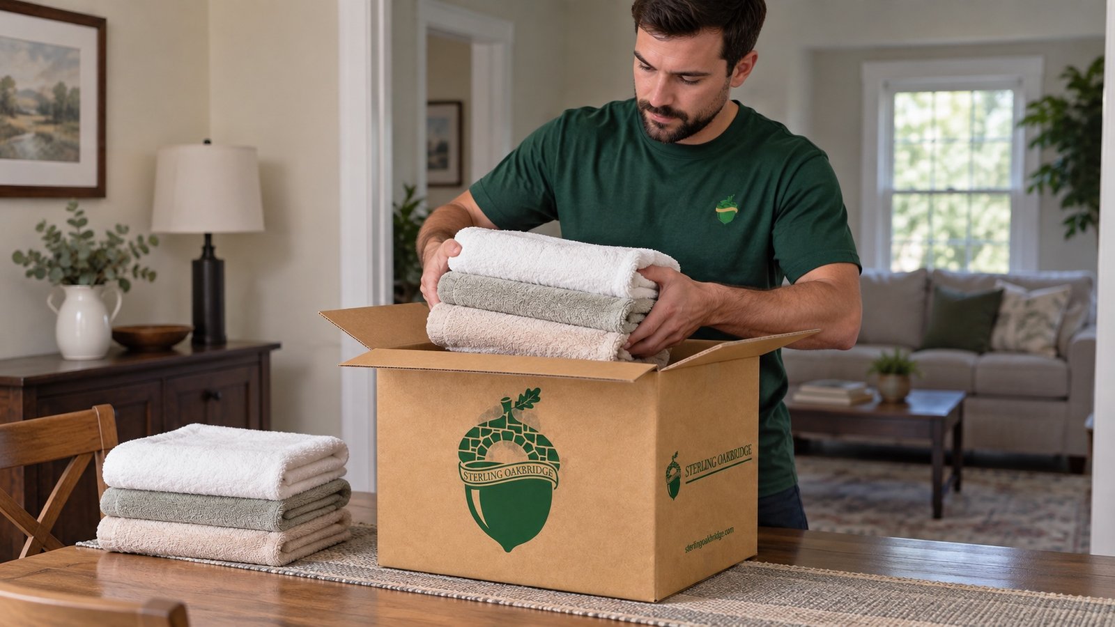 Mover in a green crewneck shirt placing folded towels into a medium kraft carton