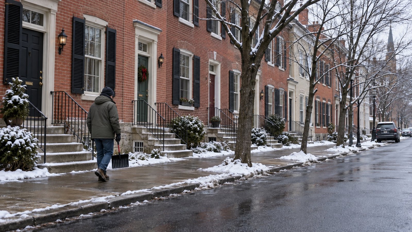 Resident carrying a shovel along a cleared sidewalk beside lightly snow-covered stoops