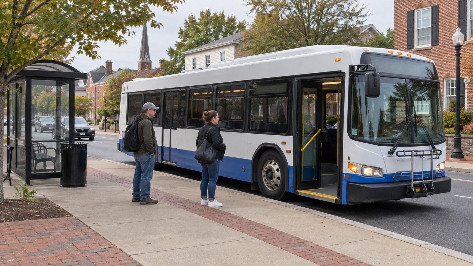 Two people on a sidewalk beside the boarding door of a white and blue bus