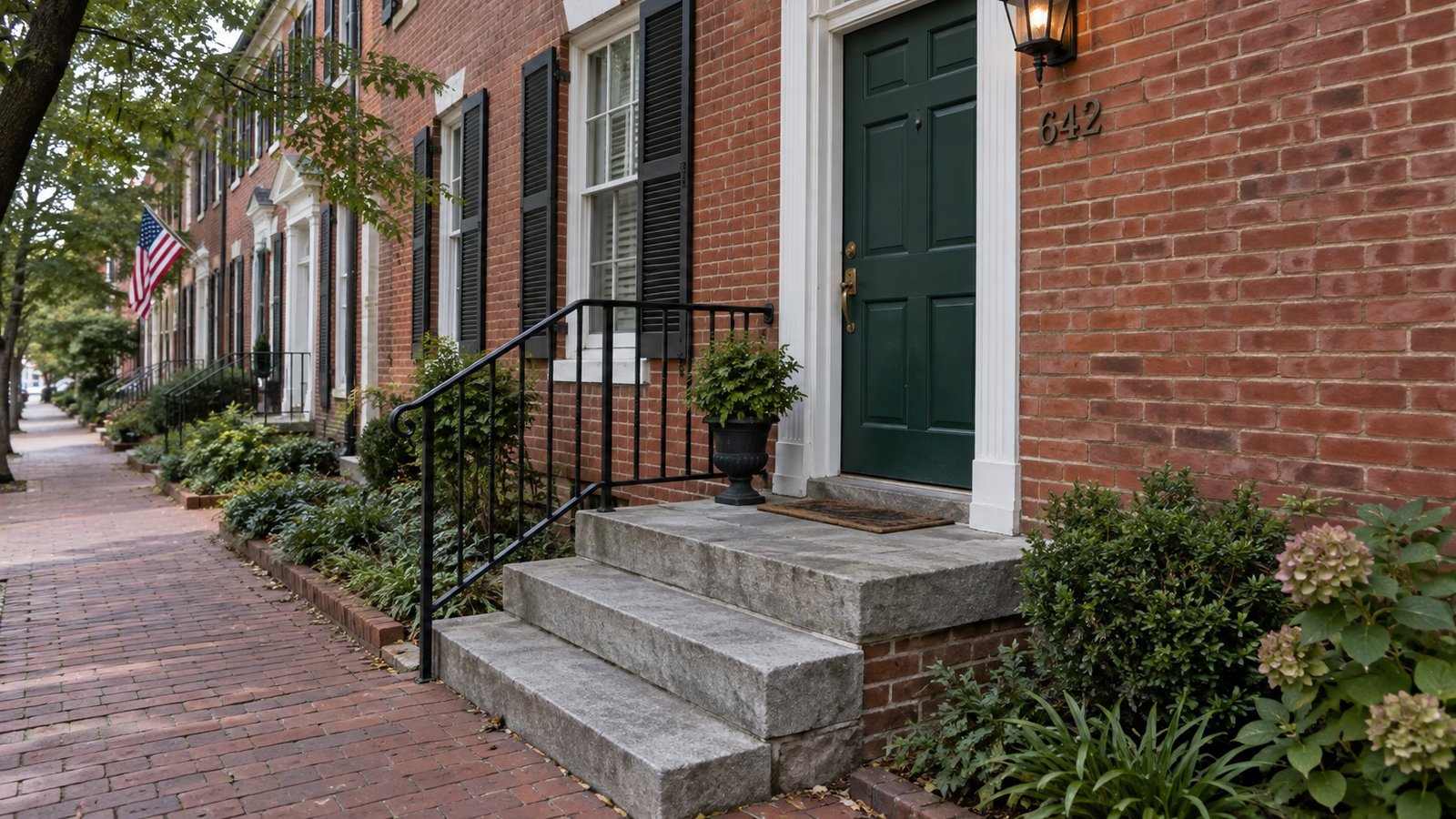 Stone steps and black railing leading to a green door in a brick rowhouse
