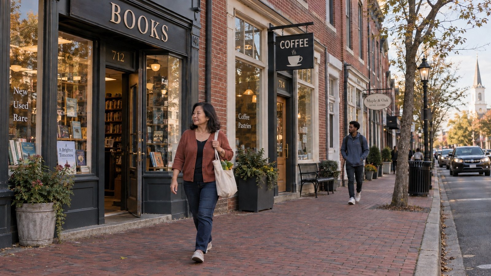 Woman with a canvas tote walking past brick bookshop and coffee-shop storefronts