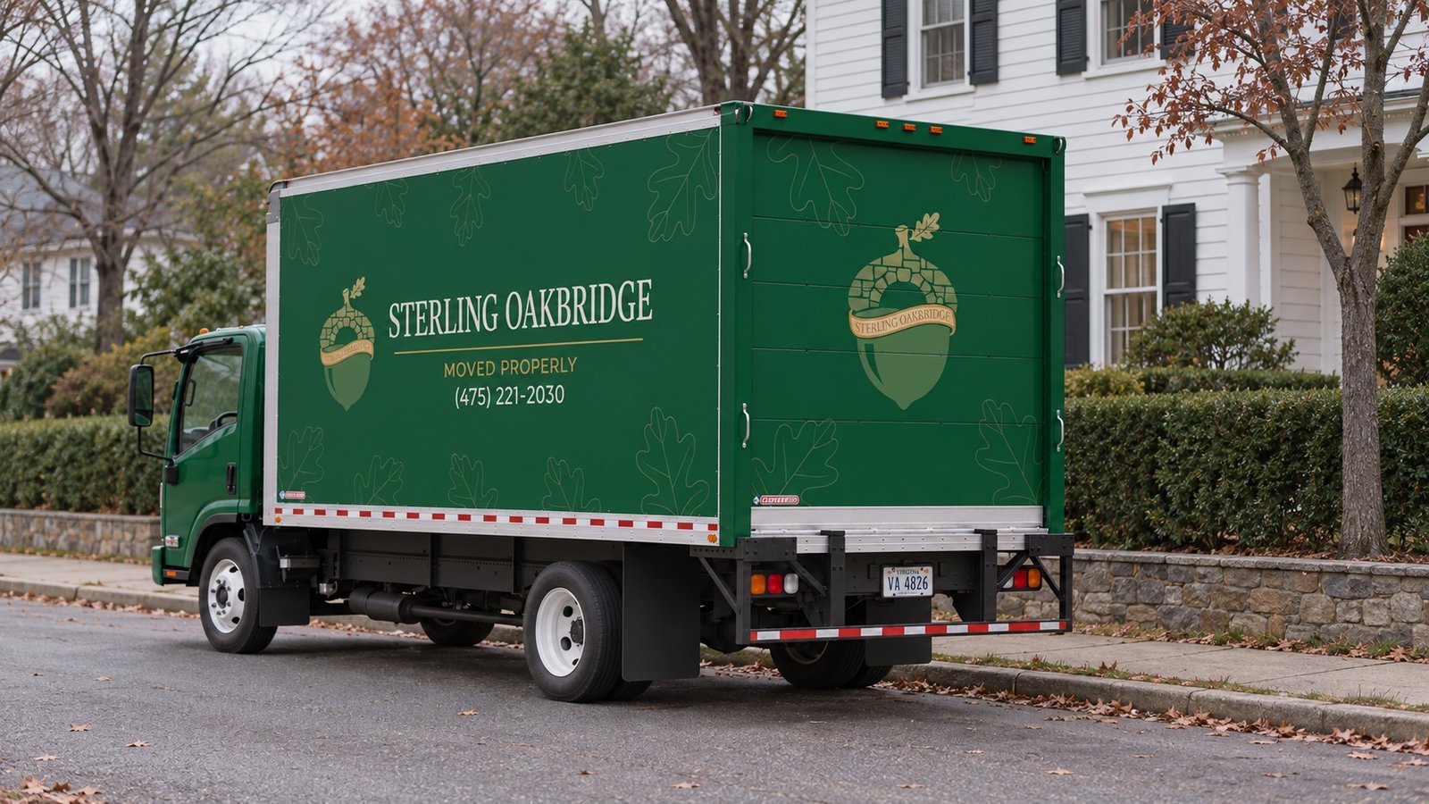 Green Sterling Oakbridge NPR truck parked parallel beside a residential curb