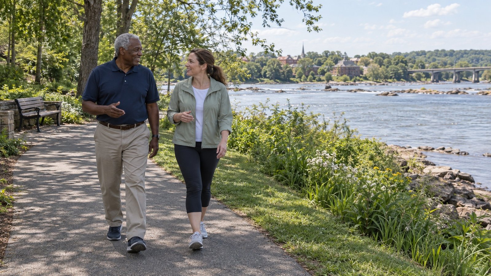 Two residents walking and talking on a maintained riverside path