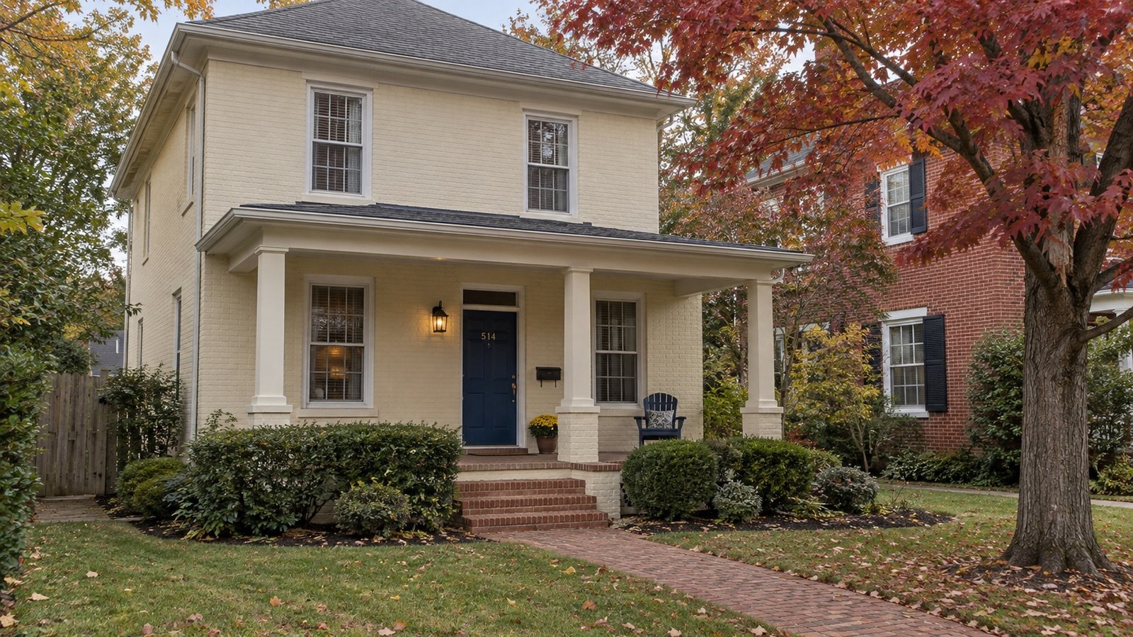 Cream-painted brick house with a covered porch, brick steps and autumn trees