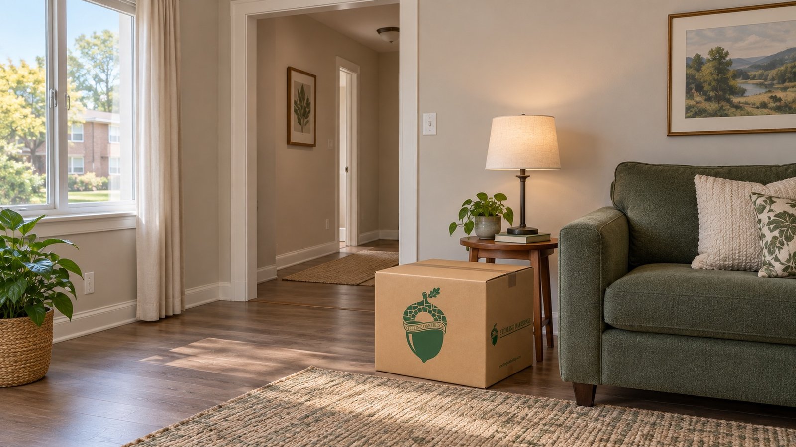 Branded kraft carton beside a green sofa with a clear route through an open doorway