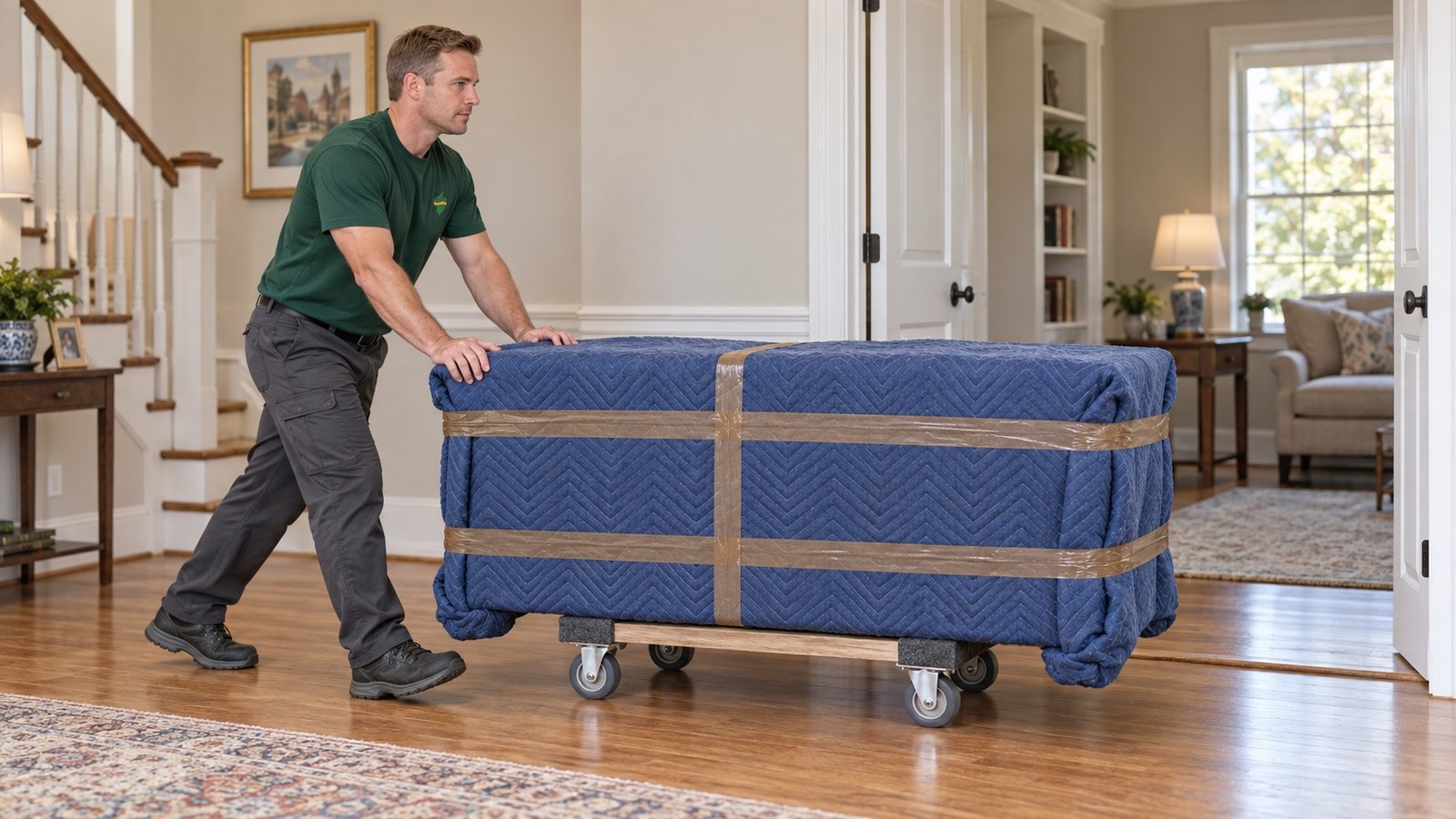 Mover pushing a chest protected by layered blankets on a compact wooden dolly