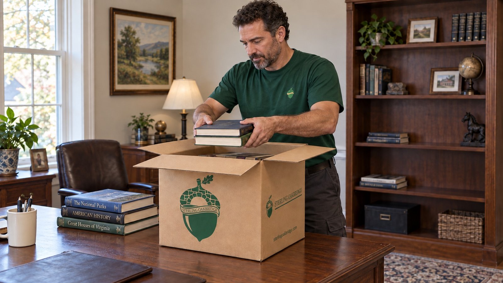 Mover lowering two books into an open branded small kraft carton on a desk