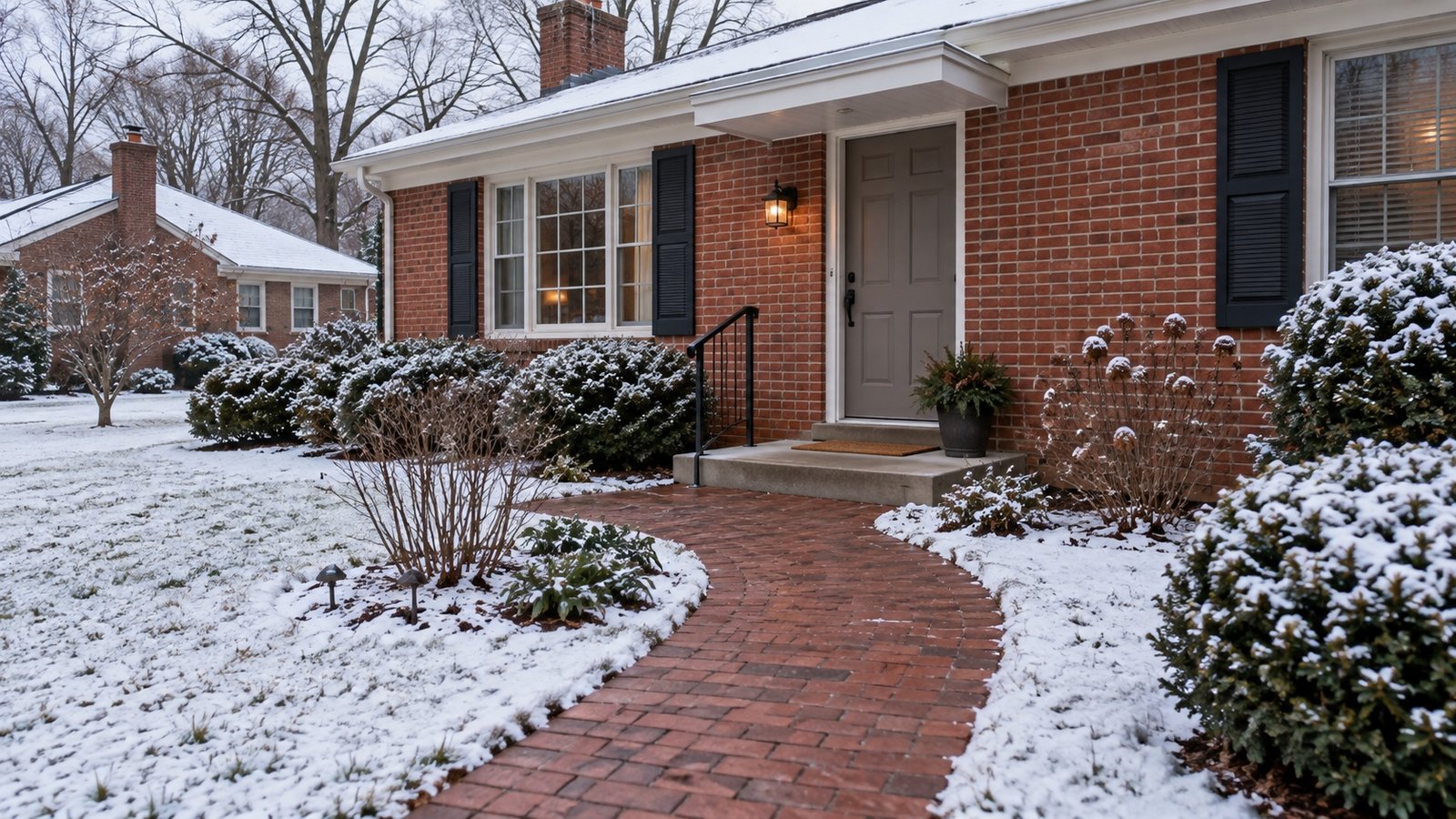 Cleared brick walk and front step at a brick house after light snow