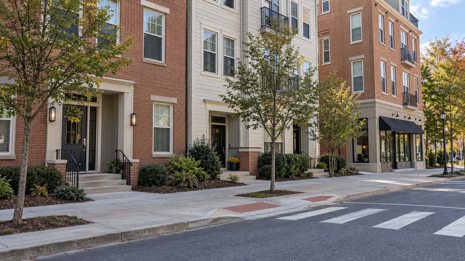 Connect the home with the ordinary street Three varied brick-and-siding residential frontages and a small shop meet a continuous sidewalk and painted crossing.