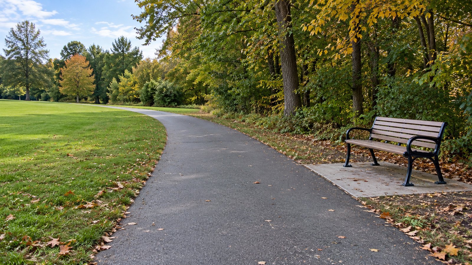 Make the outdoor walk part of the week A continuous paved park path curves beside open lawn and trees,with a complete bench on a separate paved pad.