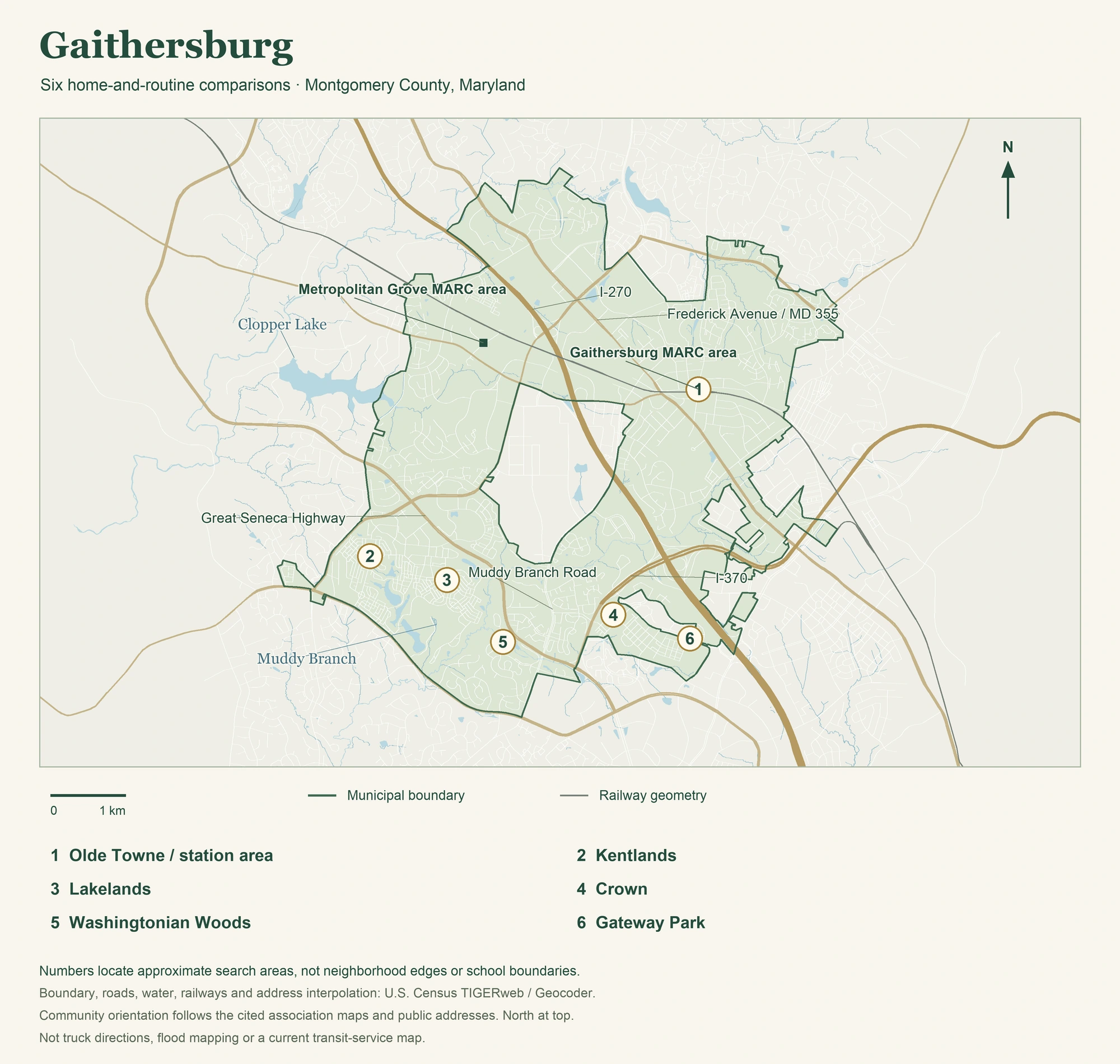 Gaithersburg orientation map Gaithersburg municipal boundary, six approximate home-comparison markers, roads, railways, Clopper Lake, Muddy Branch and two MARC station areas.
