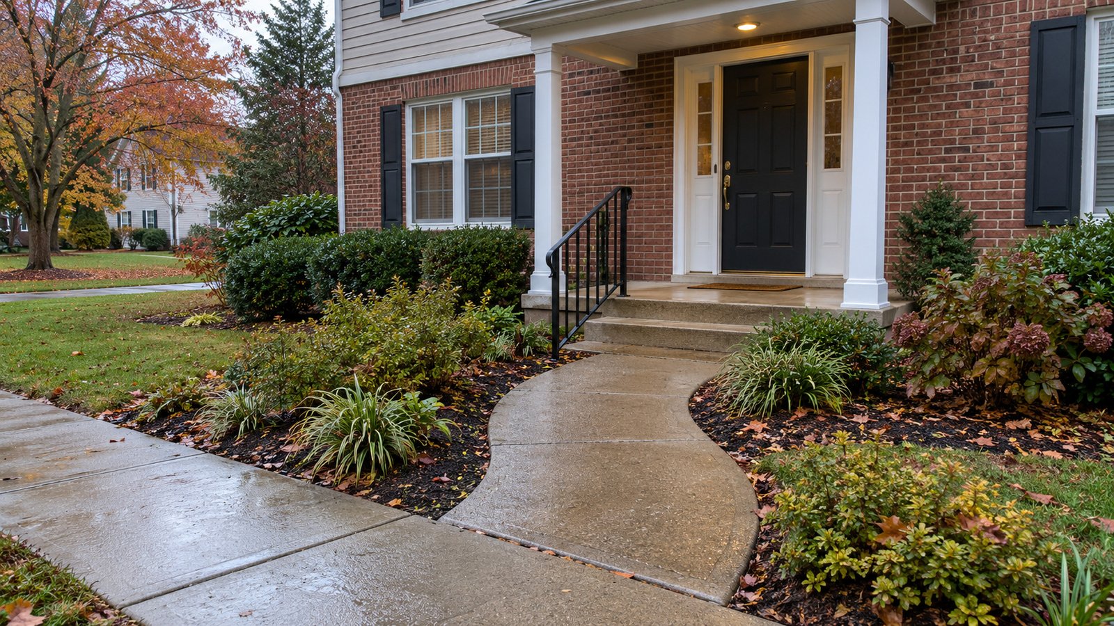 Review every transition after rain A clear curved private path and shallow steps lead from a wet public sidewalk to a sheltered brick-house landing.