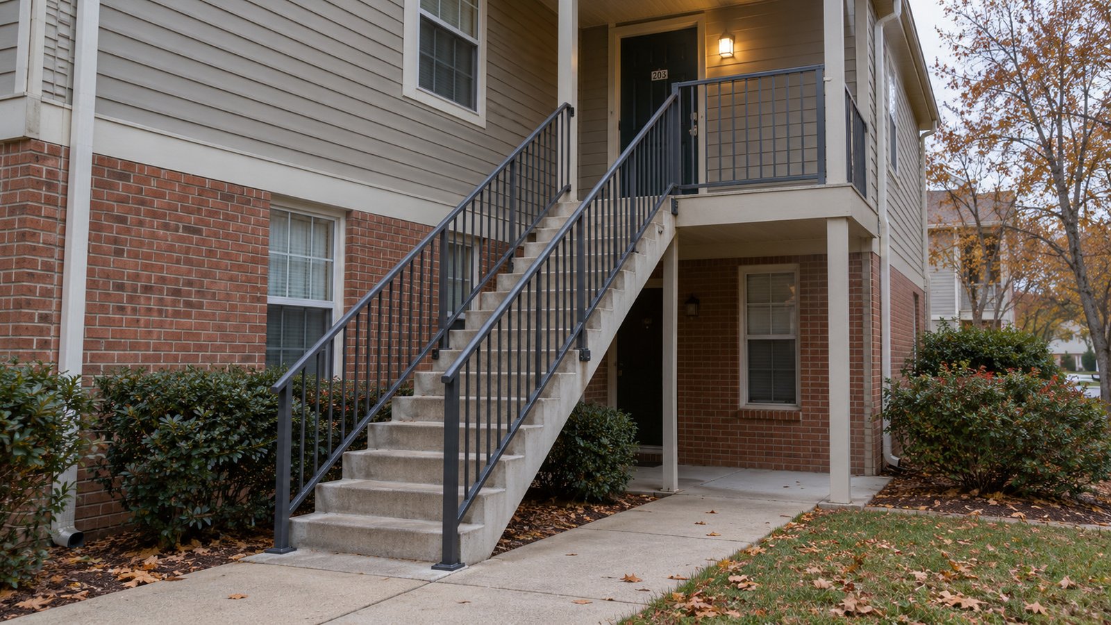 Shared stair and upper landing Exterior concrete apartment stair with metal railings and a clear walkway