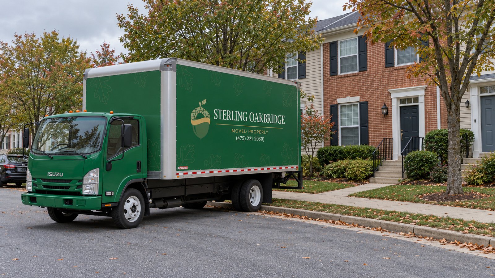 Green Sterling Oakbridge box truck beside brick-and-siding townhouses