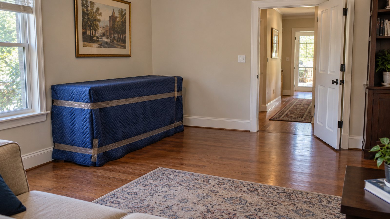 Protected cabinet and clear exit Blanket-covered rectangular cabinet on a wood floor beside a clear open doorway