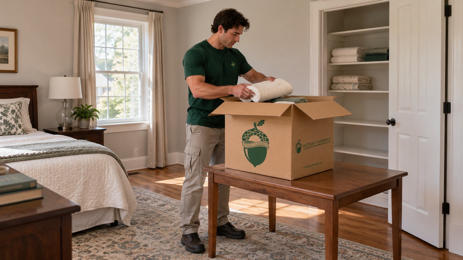 Selected linen packing Mover placing a folded towel into an open branded carton on a wooden table